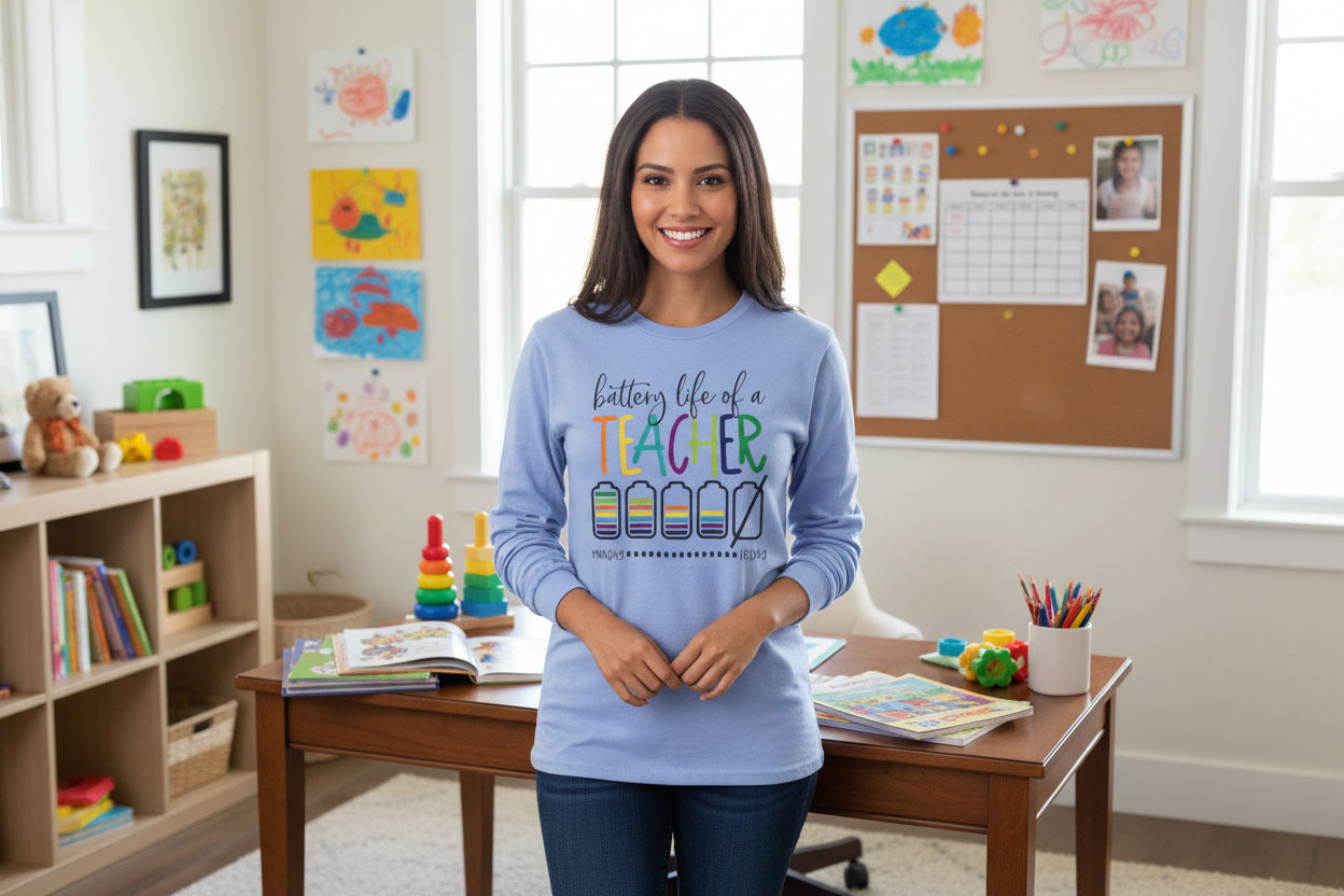 Teacher Battery Life Long Sleeve Colorful Graphic