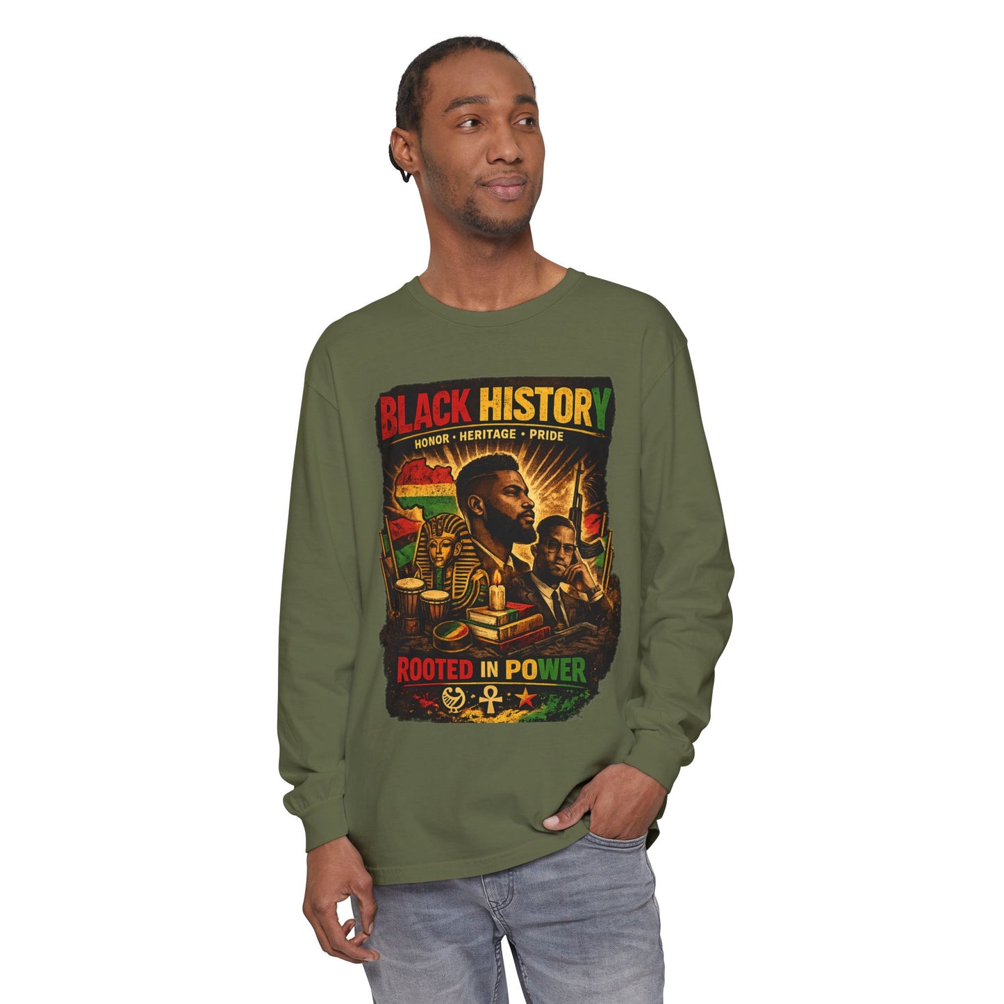 Men’s Black History Long Sleeve Tee "Rooted in Power" Heritage Tribute