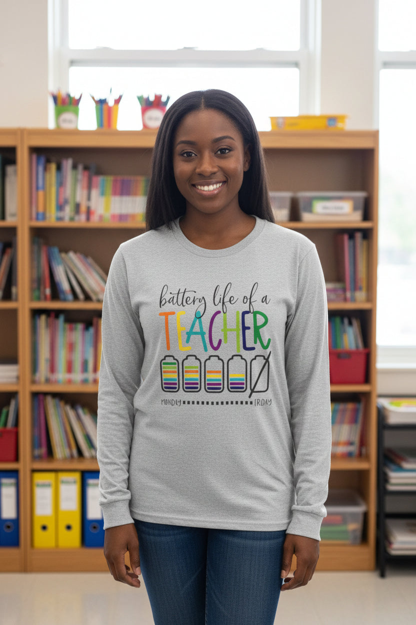 Teacher Battery Life Long Sleeve Colorful Graphic