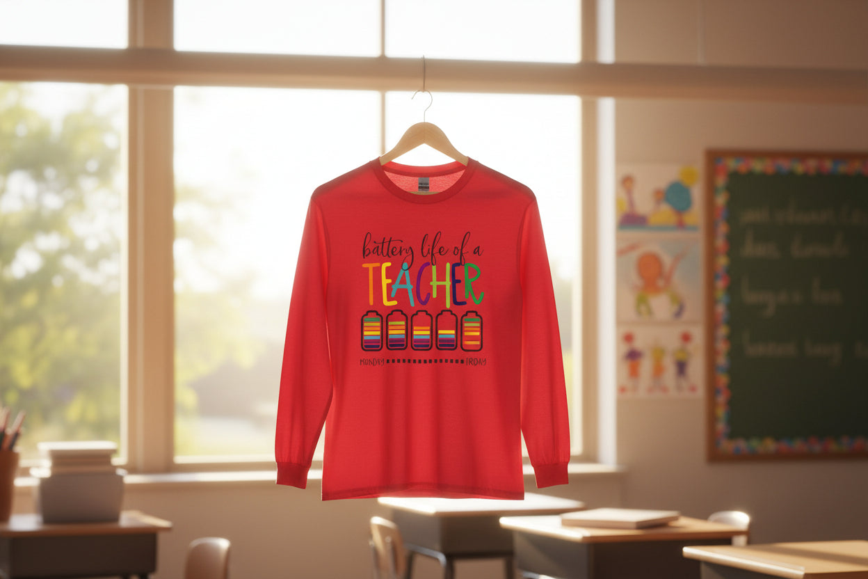 Teacher Battery Life Long Sleeve Colorful Graphic