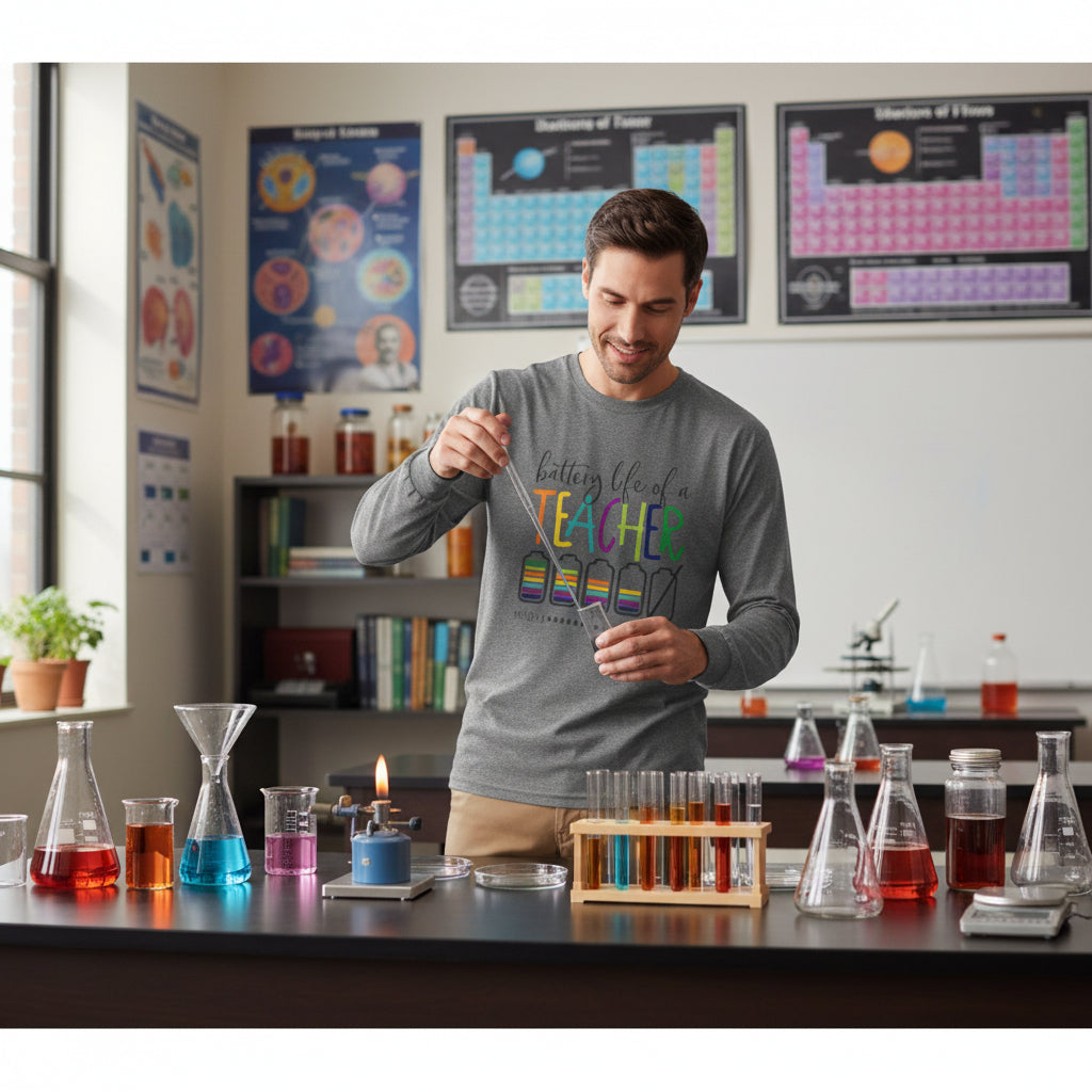 Teacher Battery Life Long Sleeve Colorful Graphic