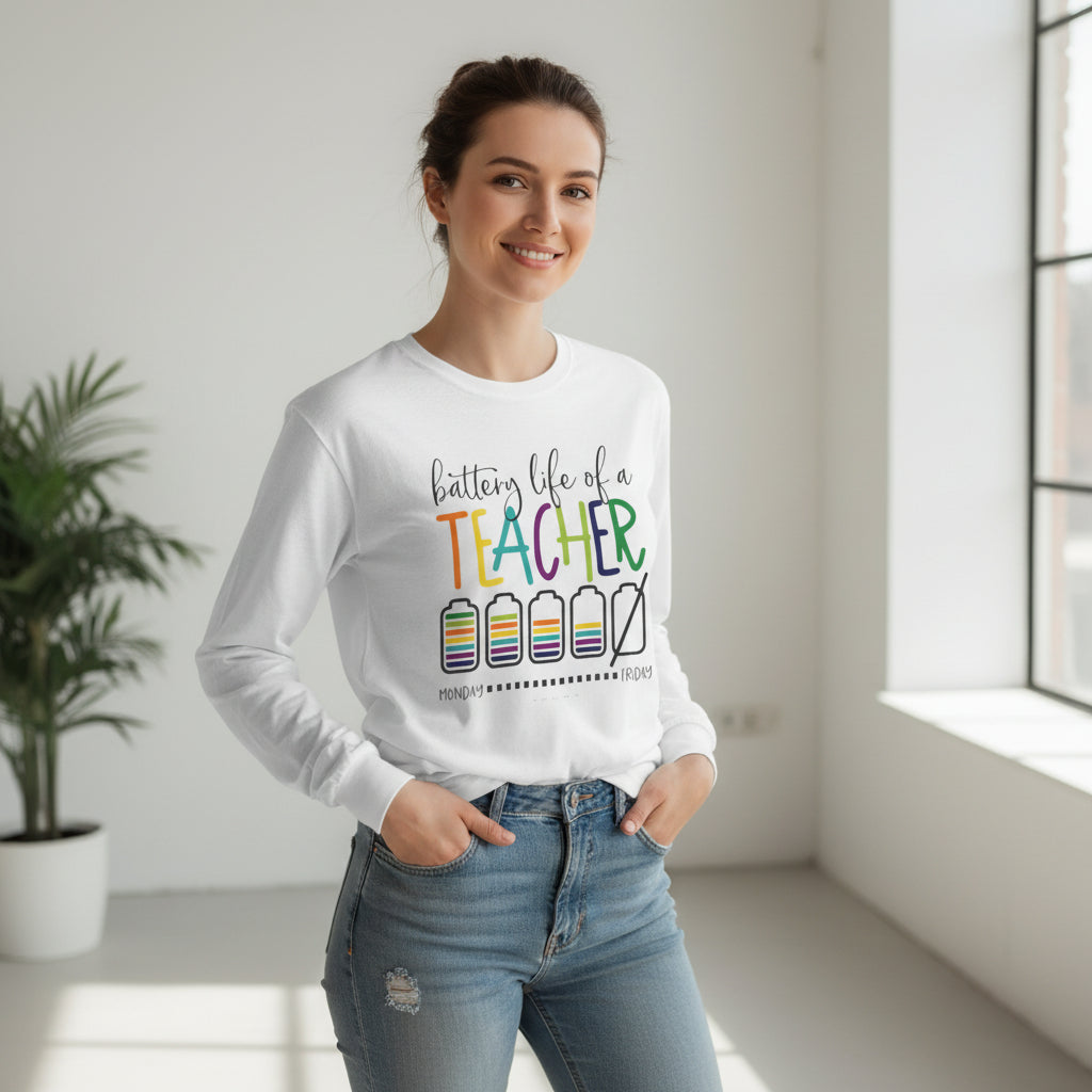 Teacher Battery Life Long Sleeve Colorful Graphic