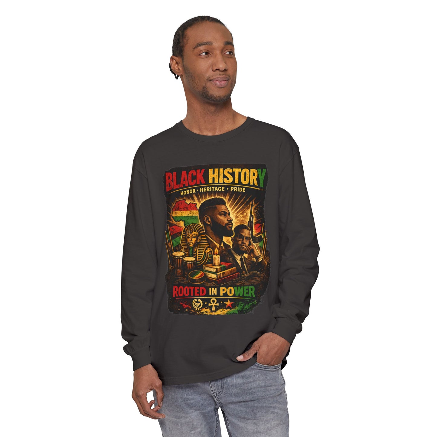 Men’s Black History Long Sleeve Tee "Rooted in Power" Heritage Tribute