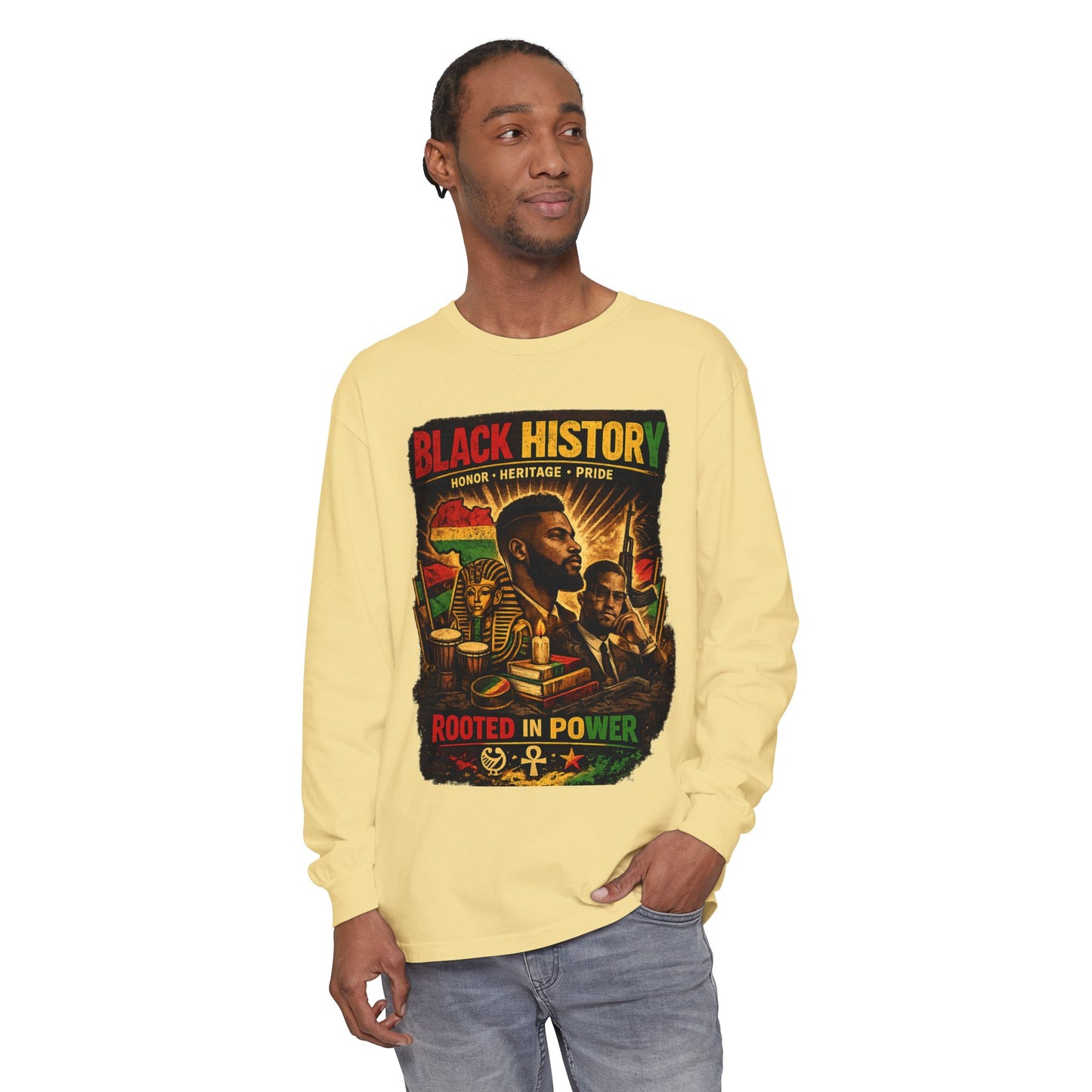Men’s Black History Long Sleeve Tee "Rooted in Power" Heritage Tribute