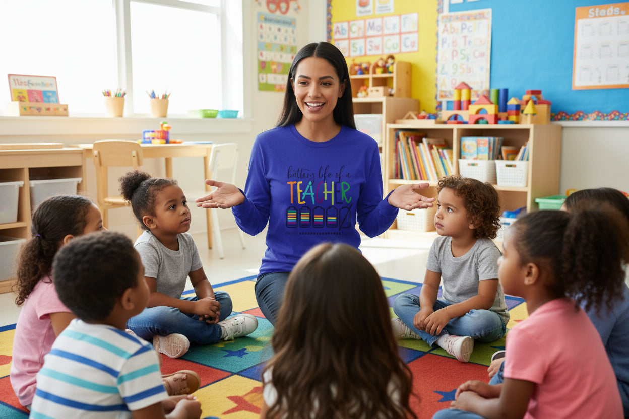 Teacher Battery Life Long Sleeve Colorful Graphic