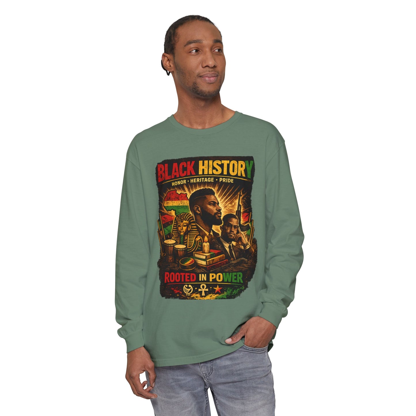 Men’s Black History Long Sleeve Tee "Rooted in Power" Heritage Tribute