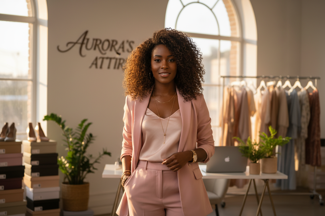 Black woman age 24 curly hair business owner of a online boutique dressed up 
